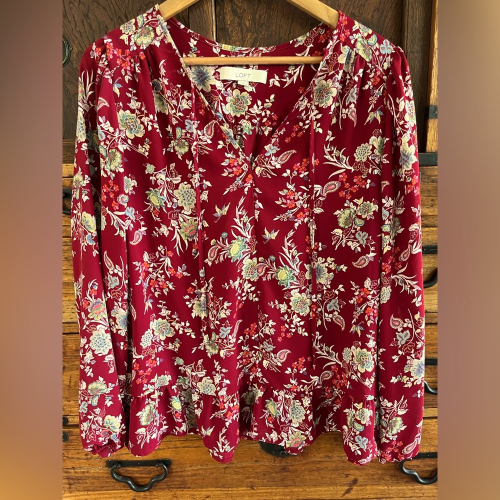 LOFT Burgundy Long Sleeve Peasant Blouse Sz L
